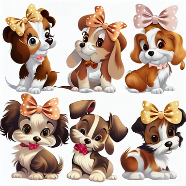 walt disney style, sweet cheerful pets with bows, soft toy look, clipart set, white background