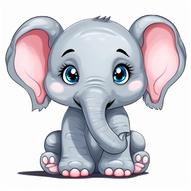 cute cartoon elephant drawing, big eyes, illustration clipart, detailed, black outline, white background, digital art