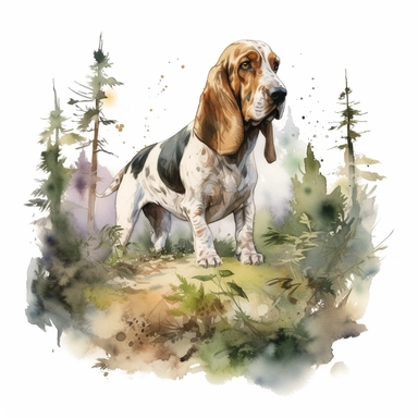 close up high detailed, Hand drawn watercolor clipart of a cute Bassett Hound hunting in a forest, on a white background