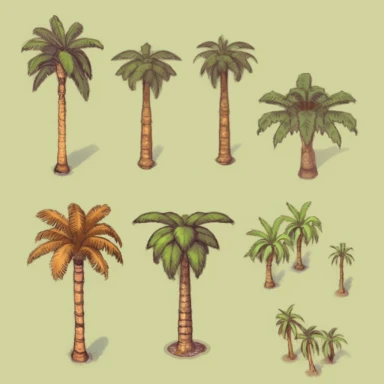 simple palm trees, video game assets, isometric, top down, isolated figures, hand drawn, level art, atmospheric effects, spatial concept art, muralist, clipart, ps1 graphics, deconstructed objects, 2d, plain background