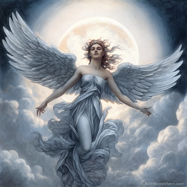 clipart, pastel blue sky, gray black clouds, red sun, white angels fly in the clouds, realism, t-shirt design, white background, Painting By Jean Delville, Terragen