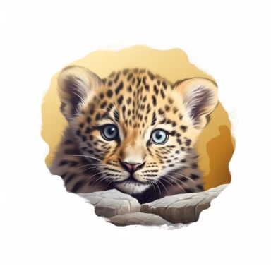 cute leopard cub, peeking out from behind a rock, eyes gleaming with curiosity, bold colors, clipart, on a white background