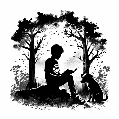 Boy under a tree reading with dog silhouette clipart black and white SVG