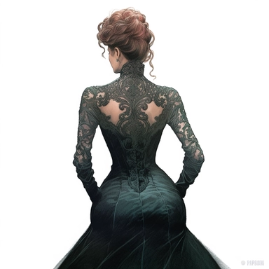 A color pencil illustration of an elegant fashion girl, dressed in a striking Haute Couture mermaid gown with a high-necked lace bodice, is seen from behind, her silhouette accentuated, her face shielded from view. Clipart, color pencil illustration.