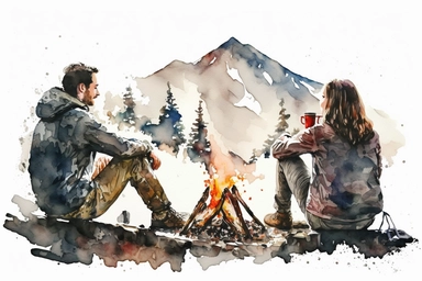 watercolor and pencil, camping, happy couple is sitting on opposite side of the camp fire and looking at each other, beautiful mountain behind, white background, isolated clipart