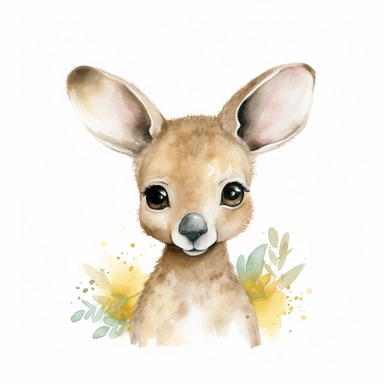 an adorable baby kangaroo with kind eyes clipart with watercolor illustration,full body shot,8k,etsy style, white background
