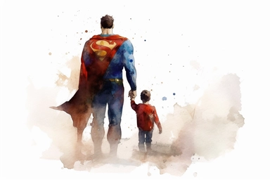 back side of cartoonic superman with a little boy vector art, watercolor art, clipart, father day greeting