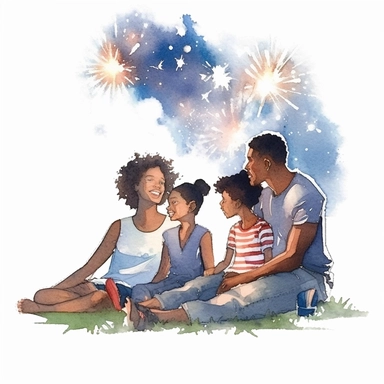 black family watching Fourth of July fireworks, sitting on blanket on grass, clipart, watercolor style, defined edges, white background