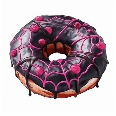 Halloween donut, dark pink and black color, watercolor, clipart, illustration, white background