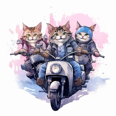 Create a clipart of a group of cute cats riding motorcycles together, perhaps forming a motorcycle gang. Low detail. White background, soft lighting. In the style of Bob Ross