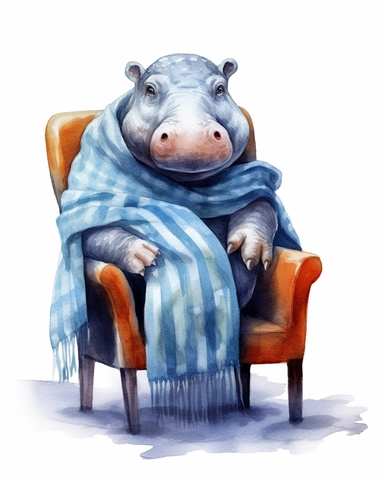 detailed watercolor Baby hippopotamus on a chair with scarf , realistic, isolated on a white background, clipart