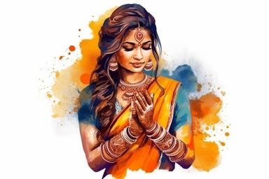 hindu woman during mehndi ceremony with henna on arms and hands watercolor clipart illustration on white background