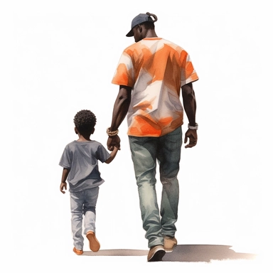 black dad and his son back,realistic,watercolor clipart,full body crops,photography