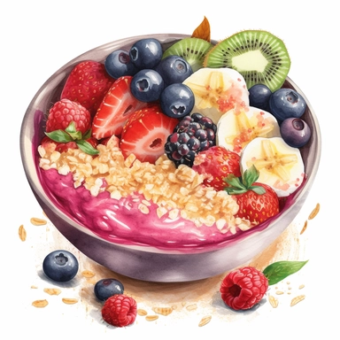 A watercolor clipart of a colorful smoothie bowl with toppings like granola, coconut flakes, and berries. The colors should be vibrant and fresh, and the details should be crisp enough to show the different layers and textures. The background could be a light wash of color to make the smoothie bowl stand out, white background