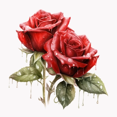 Watercolor Red Roses, leaves,Clipart rain, water droplets, ultrarealistic, daylight,detailed character illustrations, bloomcore, 8K,full view