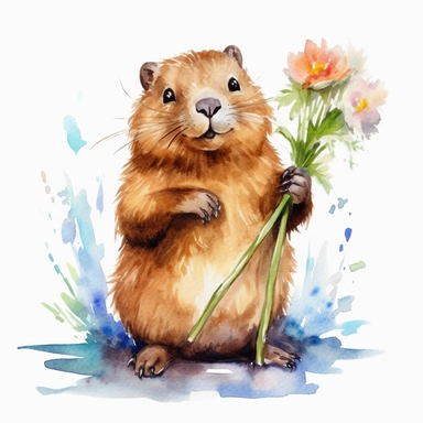 cute beaver holding a flower clipart watercolor, white backgorund
