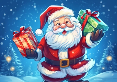 Illustration Santa Claus carries a bag of gifts .Christmas greeting card with cartoon character Santa Claus with hands up. Festive winter clip art isolated natural snowy bokeh background.