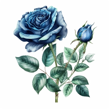 a watercolor of a realistic blue rose with branch, vibrant colors, Victorian Style, vector free clipart illustration, in the style of unreal engine 5, 32k uhd, detailed features, white background