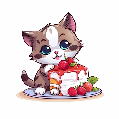 Clipart of a cute cat eating a cake full multicolor white background
