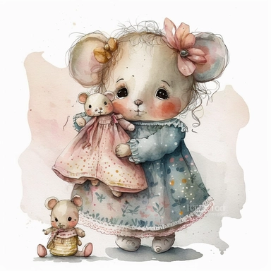clipart watercolor realistic cute little mouse is playing with dolls and is dressed like a girl