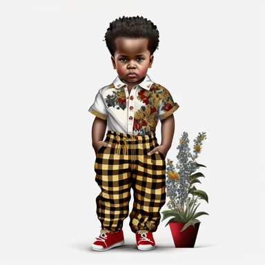 2d clipart, Full body, Gorgeous dark-skinned African American design of Beautiful tiny boy, attractive and chubby, She is wearing Juneteenth print pants, cool juneteenth print shirt, and cool shoes. 8k, white background, hyperrealistic