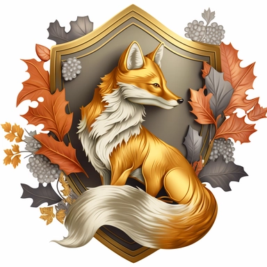 Coat of Arms featuring a stylized fox surrounded by leaves and flowers using the colors could be shades of gold and silver. clipart
