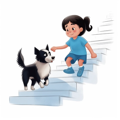 toddler white girl with black hair and blue shirt running down the stairs outside with canaan dog clipart style