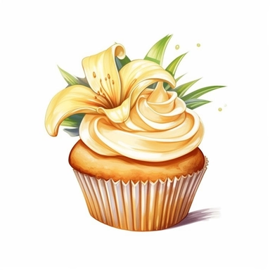 Design a clipart image of an banana cupcake in a watercolor style, with banana decoration and a topping. You can also add some colorful candy or chocolate chips to make it more attractive. You can add white flowers and green leaves to the design.