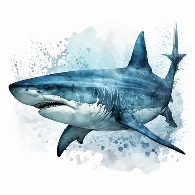 A large, blue shark swimming through the ocean. The shark is painted in a realistic style, with its sharp teeth and large fins. The background of the clipart is a light blue watercolor wash, which helps to create a sense of depth and movement. The clipart is perfect for use in a variety of projects, such as greeting cards, invitations, and party decorations. It is also a great way to add a touch of whimsy to any room. The shark is the main focus of the clipart, and it is painted in a realistic s