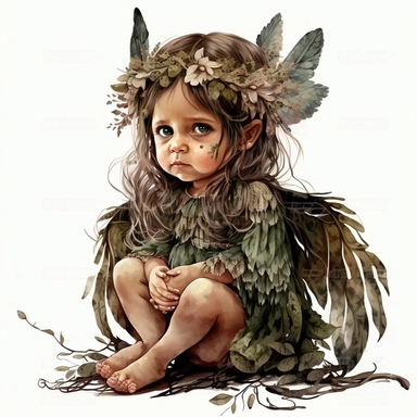 boho little fairy girl, big eyes, with wings on her back, beautiful, she is sitting facing west and her head is turned towards camera, very detailed and realistic, watercolor, white background with margins, clipart style