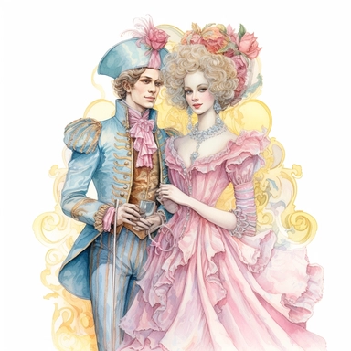 vintage style Detailed light and shadow, 2D outline, A beautifully patterned neo rococo Victorian baroque hyper realistic french court royal couple in varying hues of pink, yellow and blue, stunningly beautiful, refined and sophisticated, Hand drawn, cicely mary barker ,realistic watercolor, Clipart, emotionally pleasing watercolor, i can't believe how beatiful this is,accurate detailed line art, white background, intricate detail, clean line art, saturated fantasy watercolor, white background