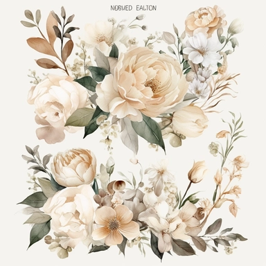 Create a collection of exquisitely detailed watercolor floral clipart, featuring neutral-toned flowers and premade bouquets. The flowers should showcase a range of neutral hues, including soft whites, creams, beiges, and subtle blush tones. Incorporate a variety of floral elements such as roses, peonies, hydrangeas, and other delicate blooms, each with intricate petal details and realistic textures. Design premade bouquets that effortlessly combine these neutral florals into elegant arrangements
