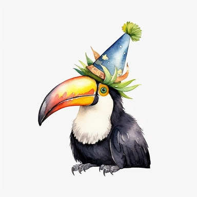 watercolor toucan clip art, cone birthday hat, in the style of whimsical storytelling, jungle birthday theme, storybook illustration minimal, graphic illustration, matte colors, 2d flat, vector, transparent background