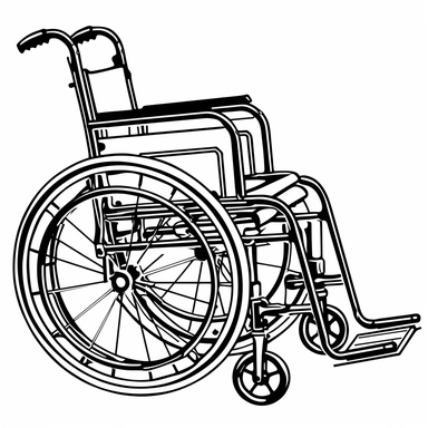 This black and white clipart features a simple yet detailed image of a wheelchair. The wheelchair is shown from a side view, with the frame, wheels, and footrests all visible. The lines used in the image are clean and precise, giving it a professional and polished look. This clipart is perfect for use in informational materials or educational resources about mobility and accessibility.