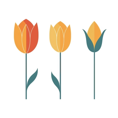 colored minimalist tulip clipart by using simple, clean lines to outline the shape of a tulip. isolated on white background, different sizes and proportions to achieve a desired look. Consider adding a slight curve to the stem for a more organic feel.