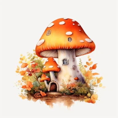 Watercolour orange mushroom house hd clipart white background