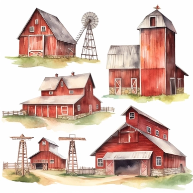 Watercolor Barns Clipart. Farm Style. Red Barn House, Horse, Tractor, Windmill, Wood Gate Illustrations. Wedding Invitation DIY white background