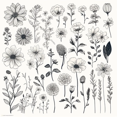 clipart collection of hand drawn flowers, pure minimalism, 2d style, based on printed graphics, white background, no watermark, text, words, brushes, typography, images The pictures don't stick together, just a flower on a white, crisp black background
