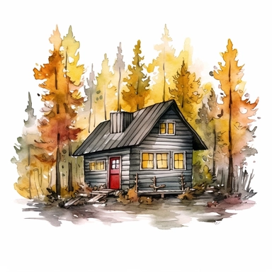 watercolour forest cabin clipart illustration, on an isolated clean white background, with black ink outline and black border, cut out