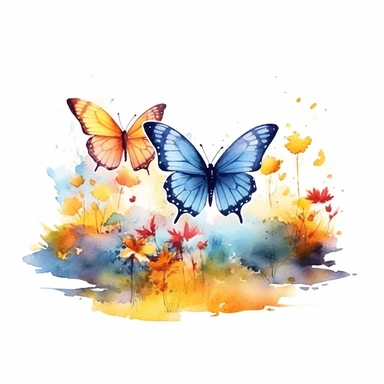 soft watercolor style watercolor butterflies flying in botanical landscape isolated on white background clipart