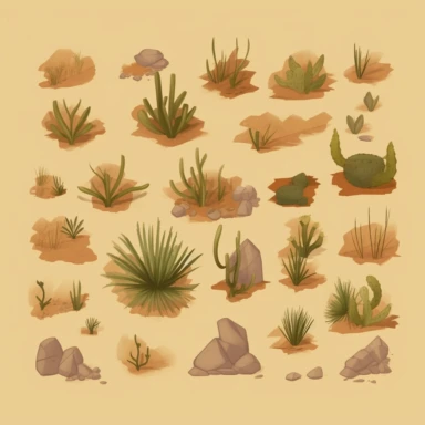 desert bushes, video game assets, isometric, top down, isolated figures, hand drawn, level art, atmospheric effects, spatial concept art, muralist, clipart, ps1 graphics, deconstructed objects, 2d, plain background