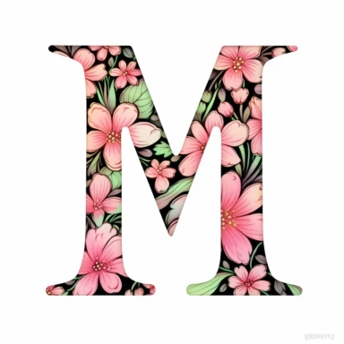 clipart of a thin black letter M decorated with cherry blossoms and leaves on a white background, the cherry blossoms are pink and the leaves are green, the letter is M in the style of stylistic, elegant, celebratory, familial, congregatory