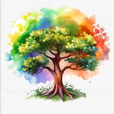 green tree with beautiiful flower,leafs, rainbow,watercolor png clipart ar 16:9