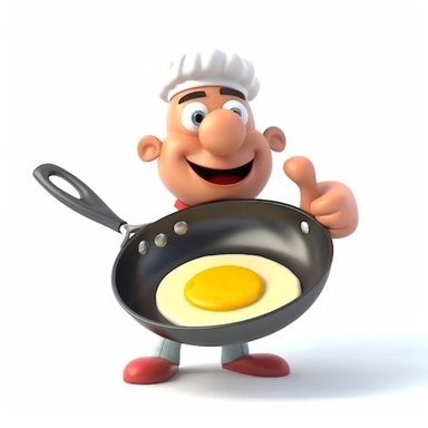 3d render, funny cartoon character flexible hand cooking breakfast in a pan, clip art isolated on white background. Social media metaphor, recommendation concept , UHD, 8k,