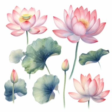 set of watercolor lotus flowers clipart white background