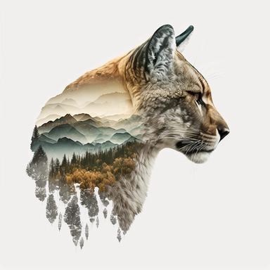 double exposure shot, profile of a Cougar head filled with mountains forest landscape,white gray tawny black fur, character design, half realisitic with intricate details half geometric, clipart isolated on white background