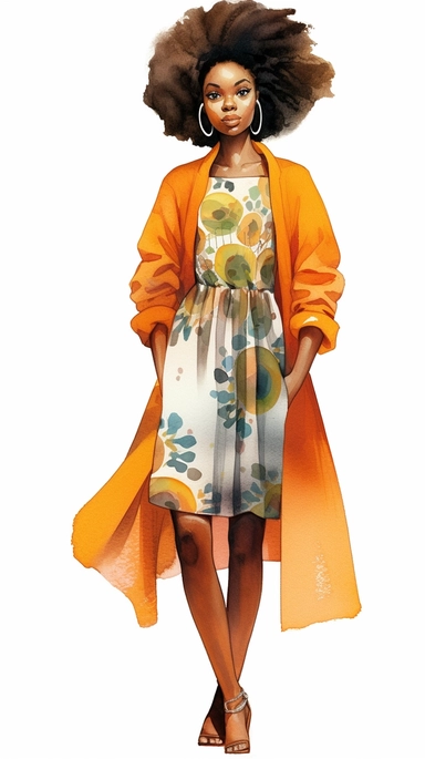 A vibrant watercolor illustration featuring an African American girl with a unique sense of beauty and style. Her hair is depicted with intricate textures and patterns, showcasing her natural beauty. The girl is shown in a fashionable outfit, exuding confidence and elegance. The illustration is in a clipart style, isolated on a clean white background with a resolution of 300dpi and various aspect ratios.