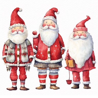 spaced apart, seperate, 4 x single, Highly detailed, christmas santa themed Doll, individually spaced, seperate, apart, watercolour clipart, vibrant colours, vibrant design, with white background, individually spaced, seperate, apart, Cut out doll used in Cardmaking, Mixed Media Crafts, as a character sheet, on a white background in the style of Marker drawing by Jasmine Becket - Griffith