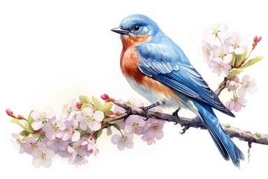 Hyperrealistic watercolor clipart, bluebird on a branch surrounded by cherry blossoms by Samuel Melton Fisher, isolated white background