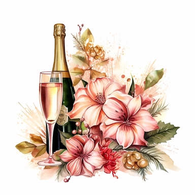 Champagne and Christmas Flowers style by Lucy Fleming, watercolor, smooth gradients, black contour outline, ultra detailed, clipart elements, delicate pastel colors, solid white background, super clear, high quality